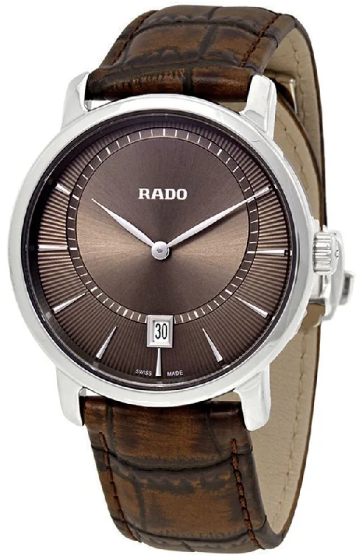 Rado Diamaster XL Silver Tone Ceramic Brown Dial Brown Leather Strap Quartz Mens Watch R14135306