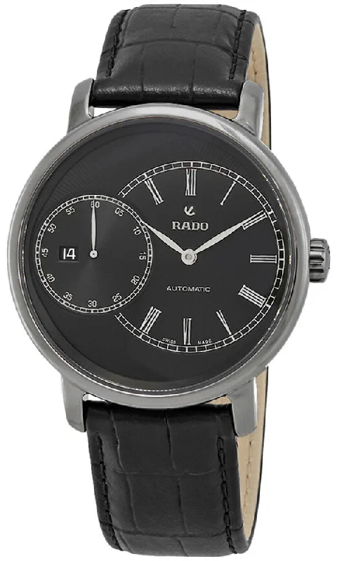 Rado DiaMaster Plasma High-Tech Ceramic Case Black Dial Date Black Leather Strap Automatic Mens Watch R14129176