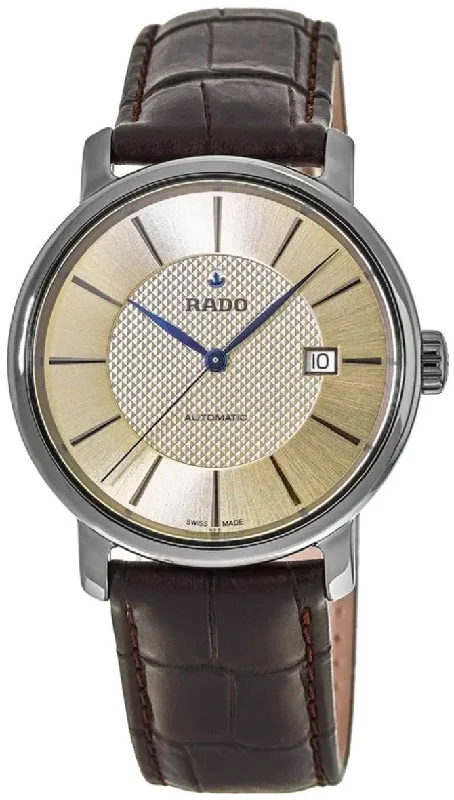 Rado DiaMaster XL Plasma High Tech Ceramic Automatic Champagne Dial Date Brown Strap Mens Watch R14074256