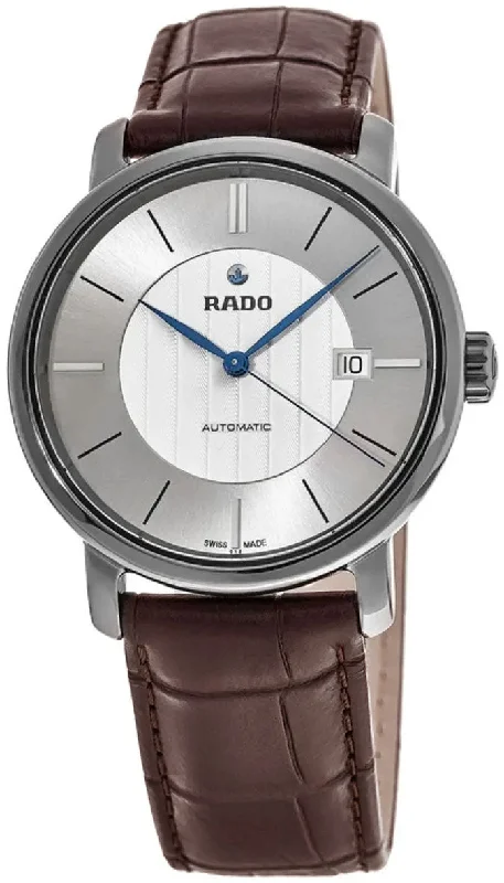 Rado DiaMaster XL Plasma High-Tech Ceramic Automatic Silver Dial Date Brown Strap Mens Watch R14074126